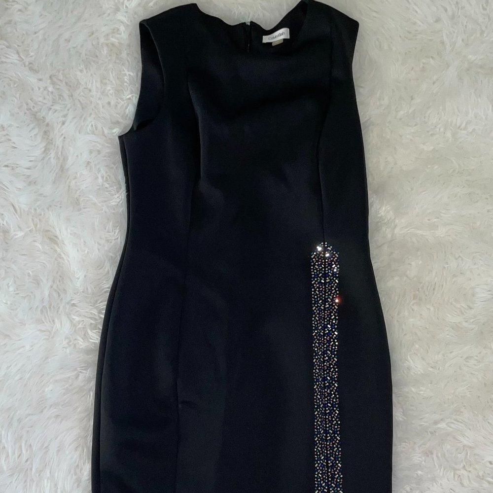 Calvin Klein- Size 12- Sleeveless Sheath Black Dress with Multicolor Beading